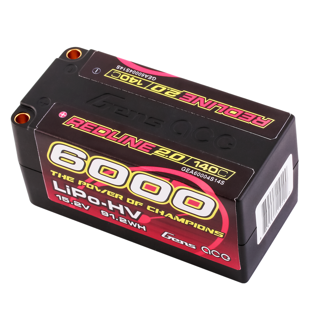 Gens ace Redline 2.0 6000mAh 4S LiPo-HV hardcase shorty battery with 140C label and bullet ports