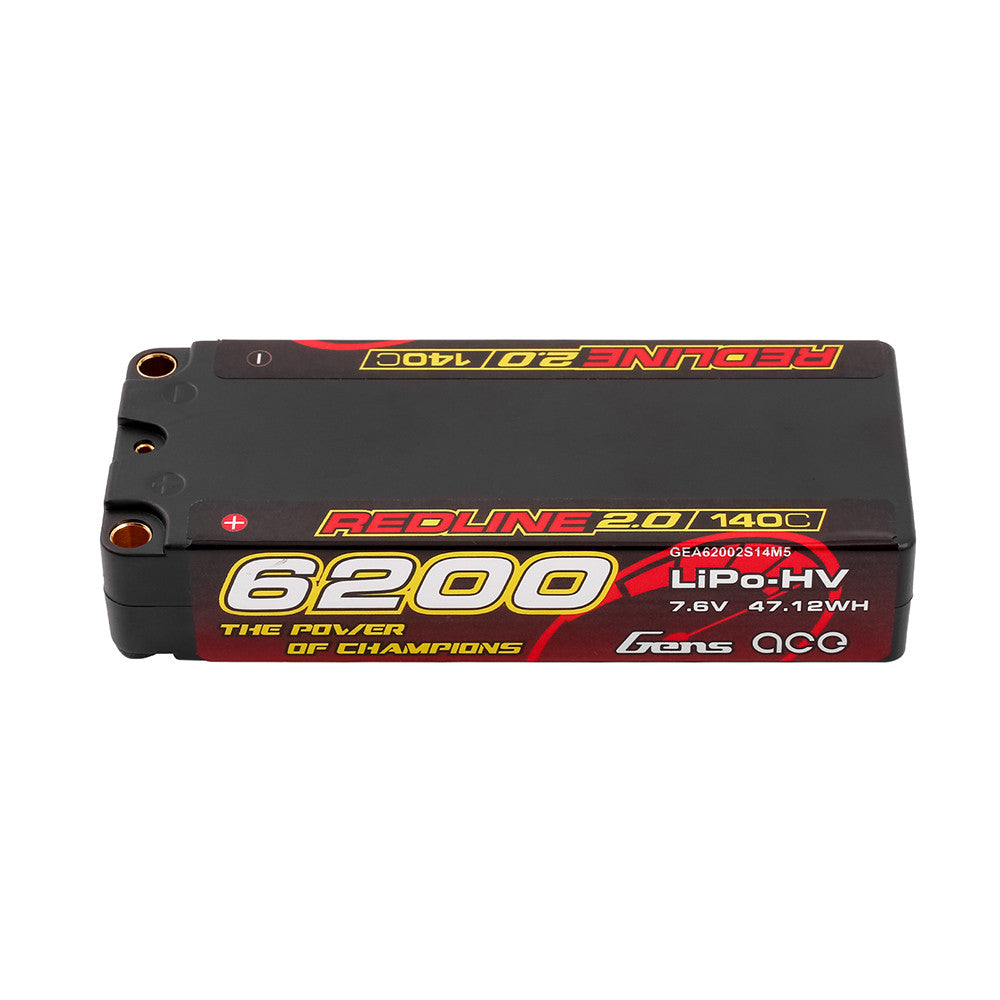 Gens ace Redline 2.0 6200mAh 2S LiPo-HV hardcase battery pack, 7.6V 140C with 5mm bullet ports