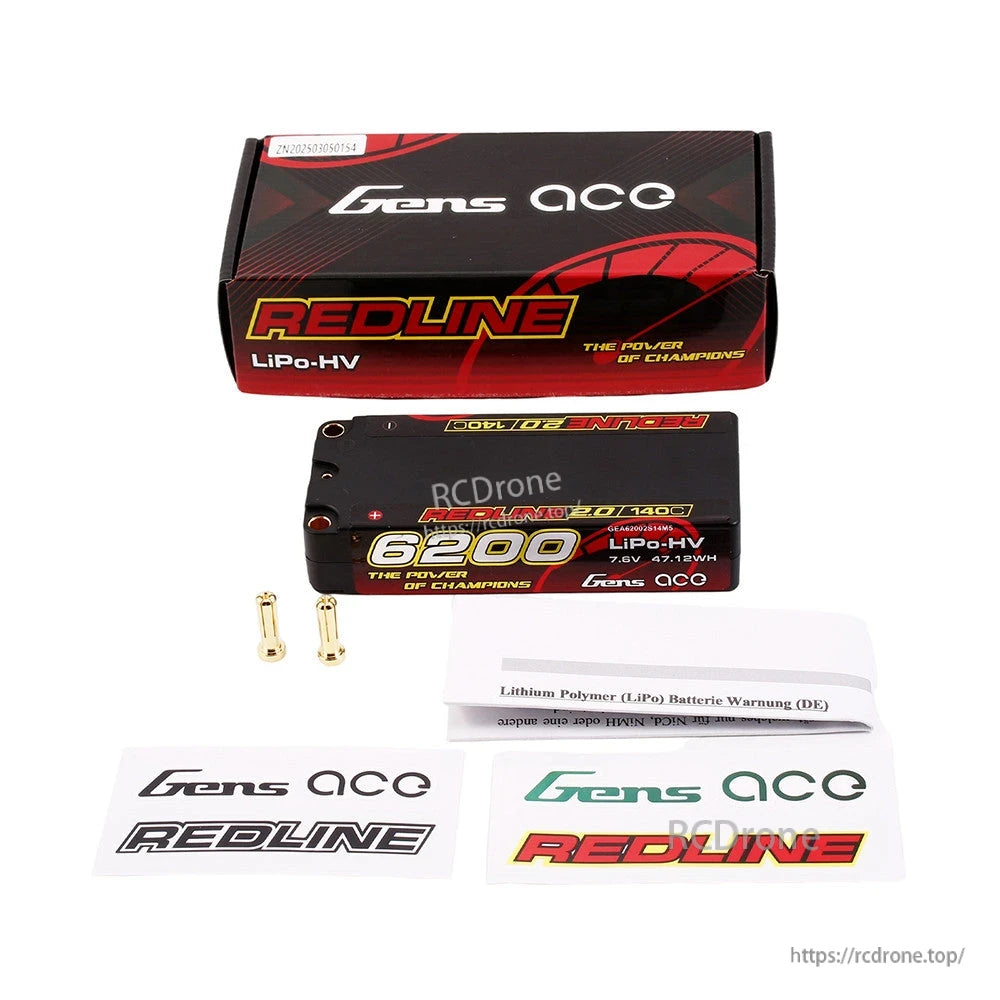 Gens ace Redline 6200mAh 7.6V LiPo-HV hardcase battery pack with box, bullet connectors and decals