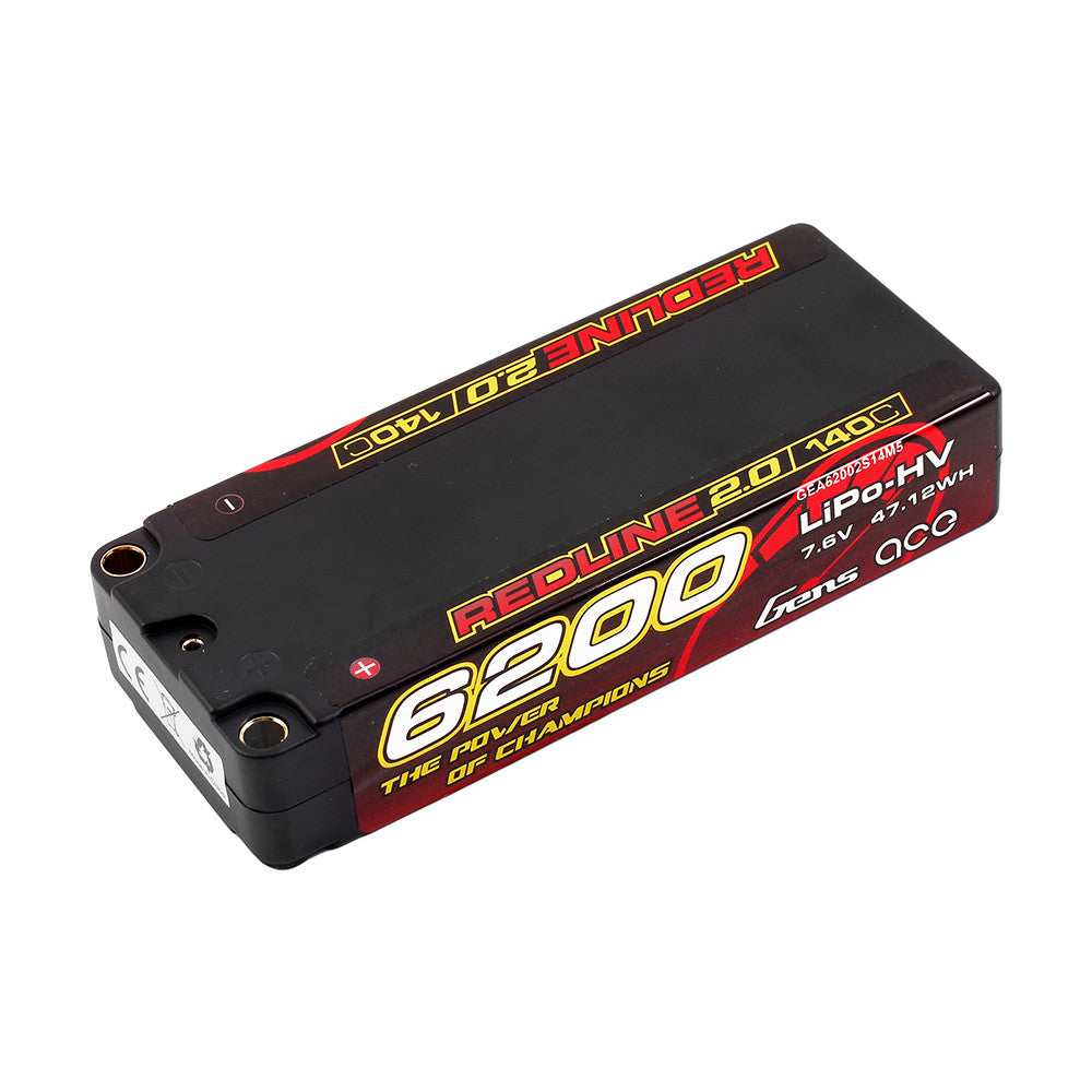 Gens ace Redline 2.0 6200mAh hardcase LiPo-HV battery pack labeled 7.6V 140C with bullet-style terminals