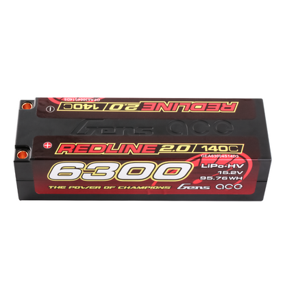 Gens ace Redline 2.0 6300mAh 4S hardcase LiPo-HV battery pack labeled 15.2V 140C with bullet ports