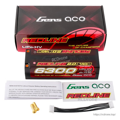 Gens ace Redline 2.0 6300mAh hardcase LiPo-HV battery pack labeled 140C and 16.8V, with box and 5mm bullets