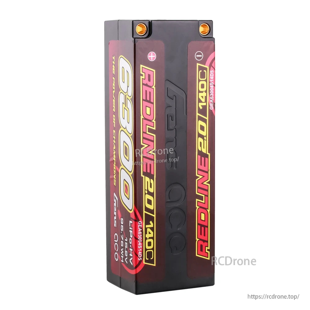Gens ace Redline 2.0 hardcase LiPo battery pack with 5mm-style bullet terminals, labeled 6300mAh 4S 15.2V 140C