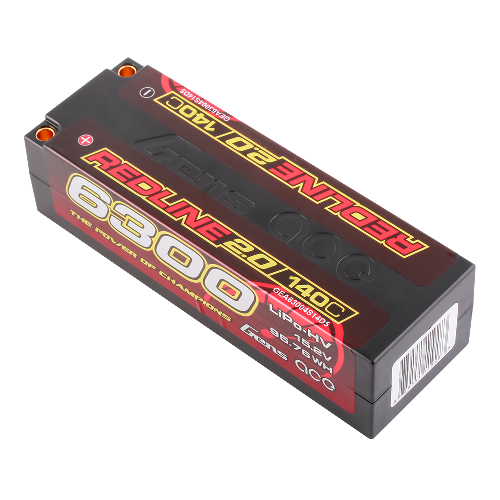 Gens ace Redline 2.0 hardcase LiPo-HV battery pack with 5.0mm bullet ports, 6300mAh 140C
