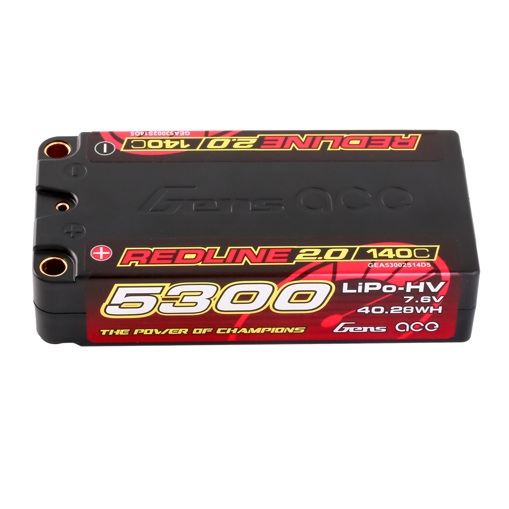 Gens ace Redline 2.0 hardcase LiPo-HV shorty battery pack, 5300mAh 7.6V 140C with bullet ports