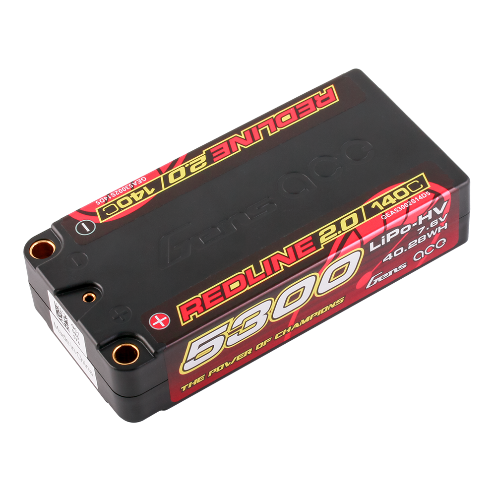 Gens ace Redline 2.0 5300mAh 7.6V 140C HV shorty hardcase LiPo battery pack with bullet sockets