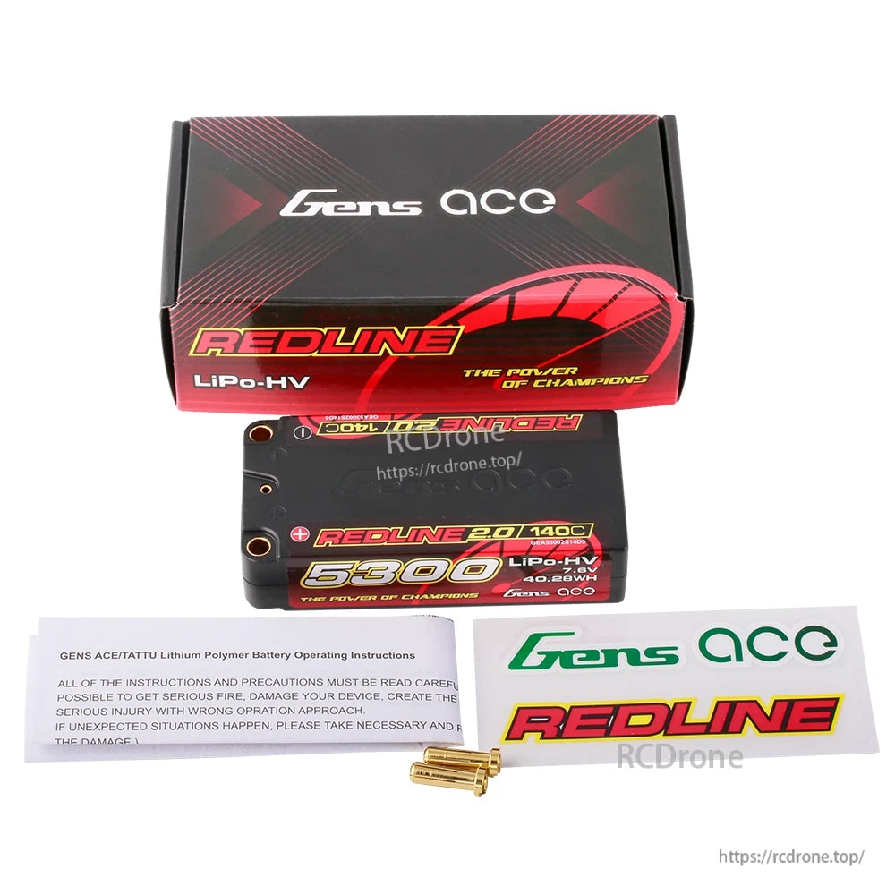 Gens ace Redline 2.0 hardcase LiPo-HV shorty battery 5300mAh 7.6V 140C with box, stickers and connectors