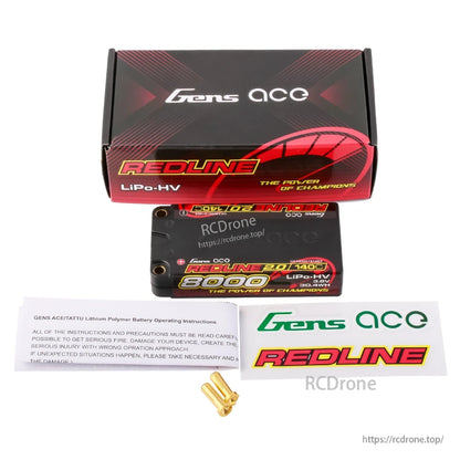 Gens ace Redline 2.0 8000mAh hardcase LiPo-HV 3.8V battery pack with box, manual and bullet connectors