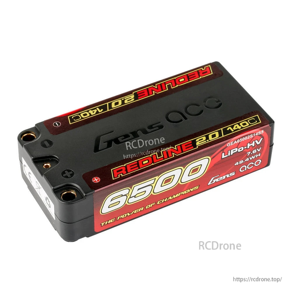 Gens ace Redline 2.0 6500mAh 7.6V LiPo-HV shorty hardcase battery pack with 140C rating and bullet ports