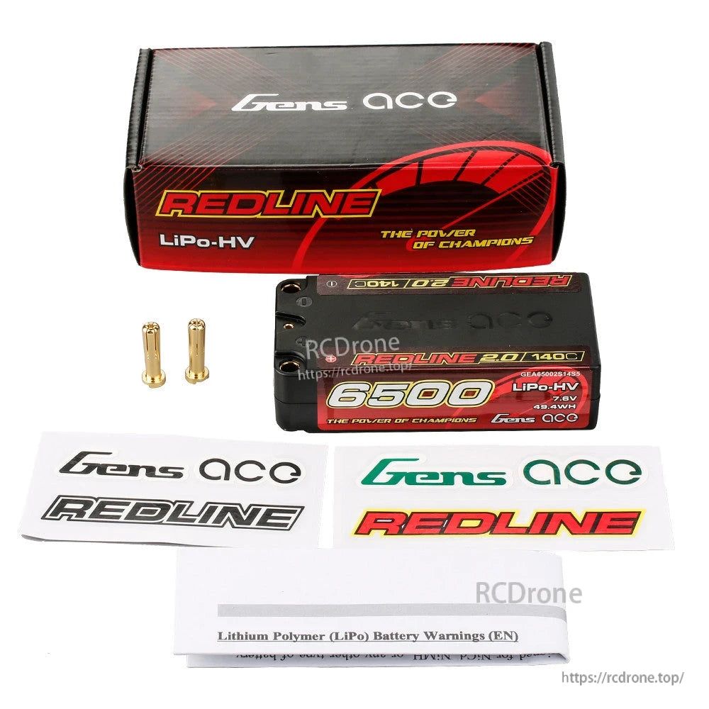 Gens ace Redline 2.0 6500mAh 2S LiPo-HV 7.6V shorty hardcase battery with 5.0mm bullet connectors