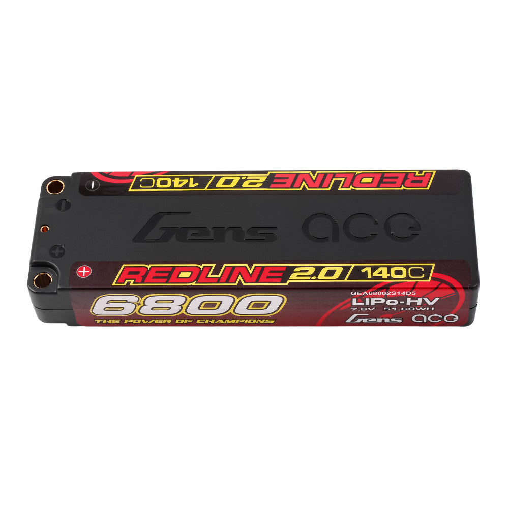 Gens ace Redline 2.0 hardcase LiPo-HV battery pack labeled 6800mAh, 2S 7.6V, 140C