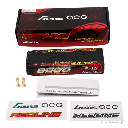 Gens ace Redline 2.0 hardcase LiPo-HV 6800mAh 2S 7.6V battery pack with 5mm bullet connectors and decals