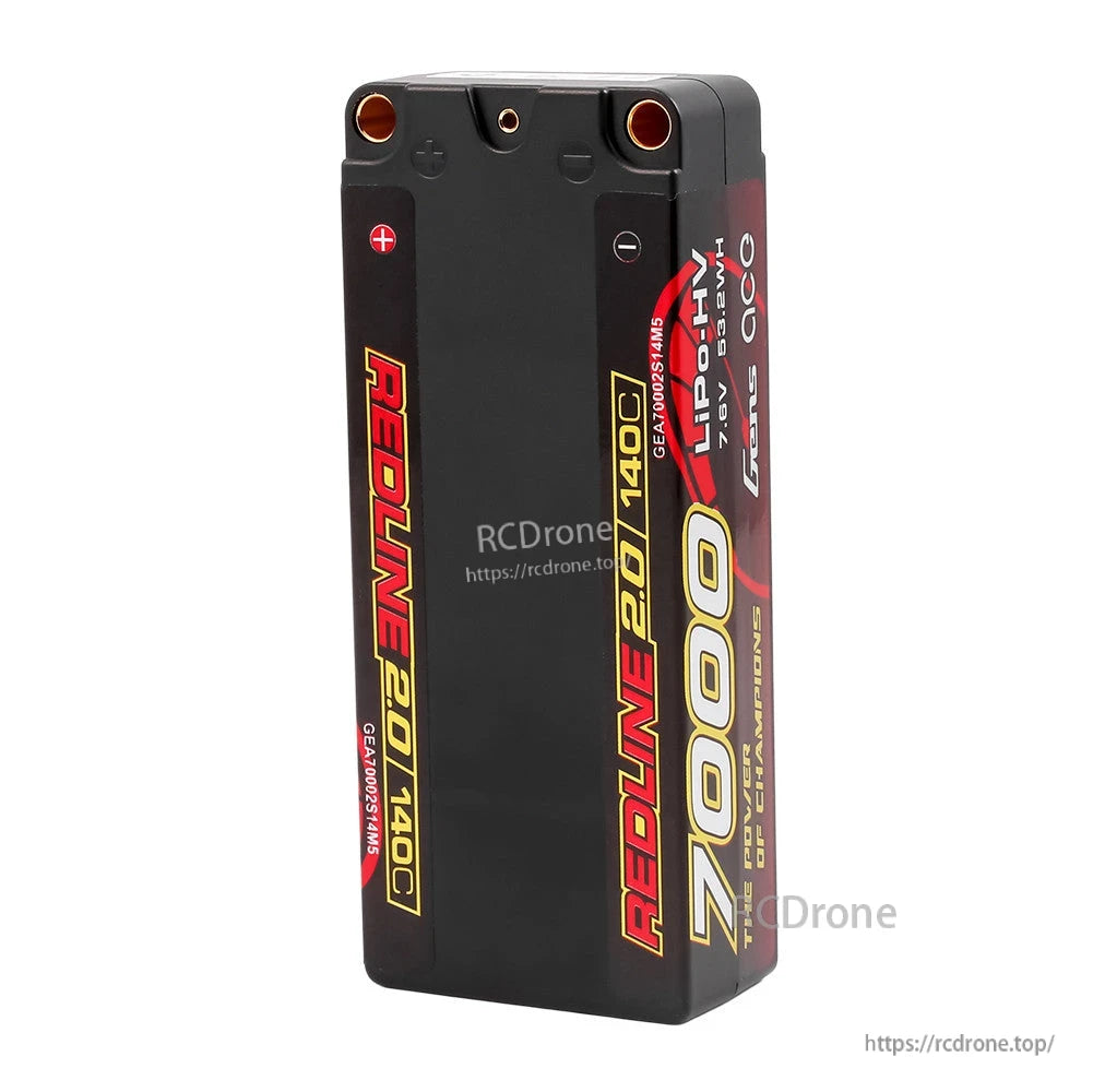Gens ace Redline 2.0 hardcase LiPo battery pack with 7000mAh label, 140C rating, and bullet terminals