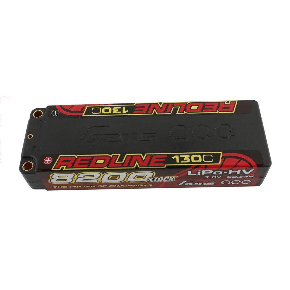 Gens ace Redline hardcase LiPo-HV battery pack labeled 8200mAh, 7.6V, 130C with recessed bullet terminals