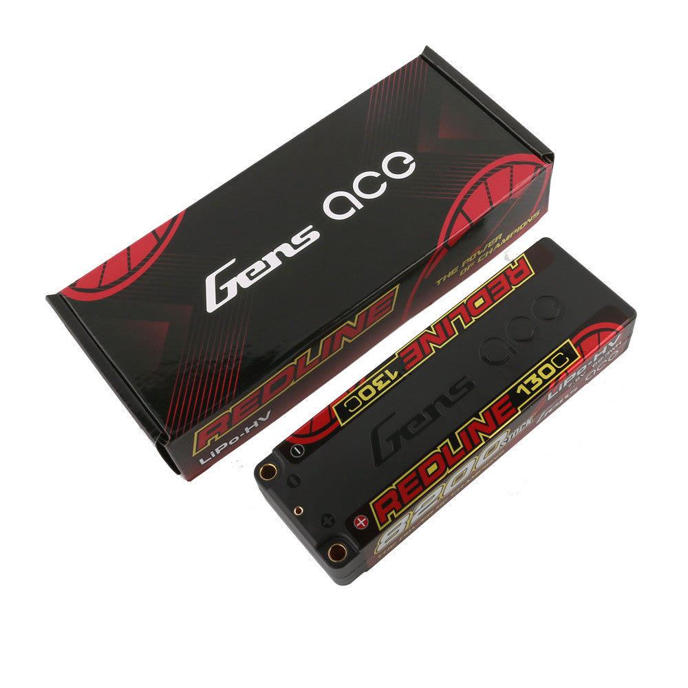 Gens ace Redline 2.0 hardcase LiPo battery pack with 5.0mm bullet terminals and Gens ace box