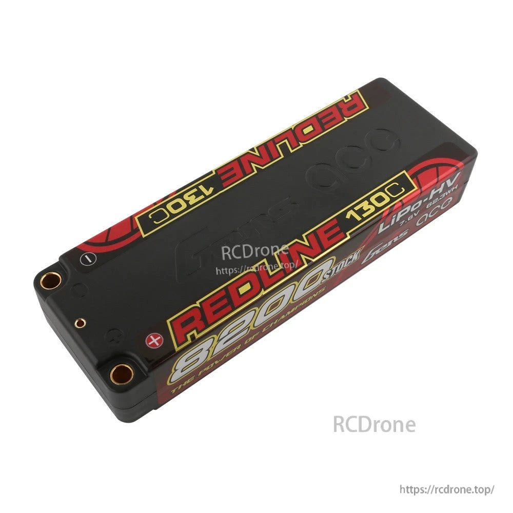 Gens ace Redline 8200mAh HV hardcase LiPo battery pack labeled 130C, with bullet-style connector ports