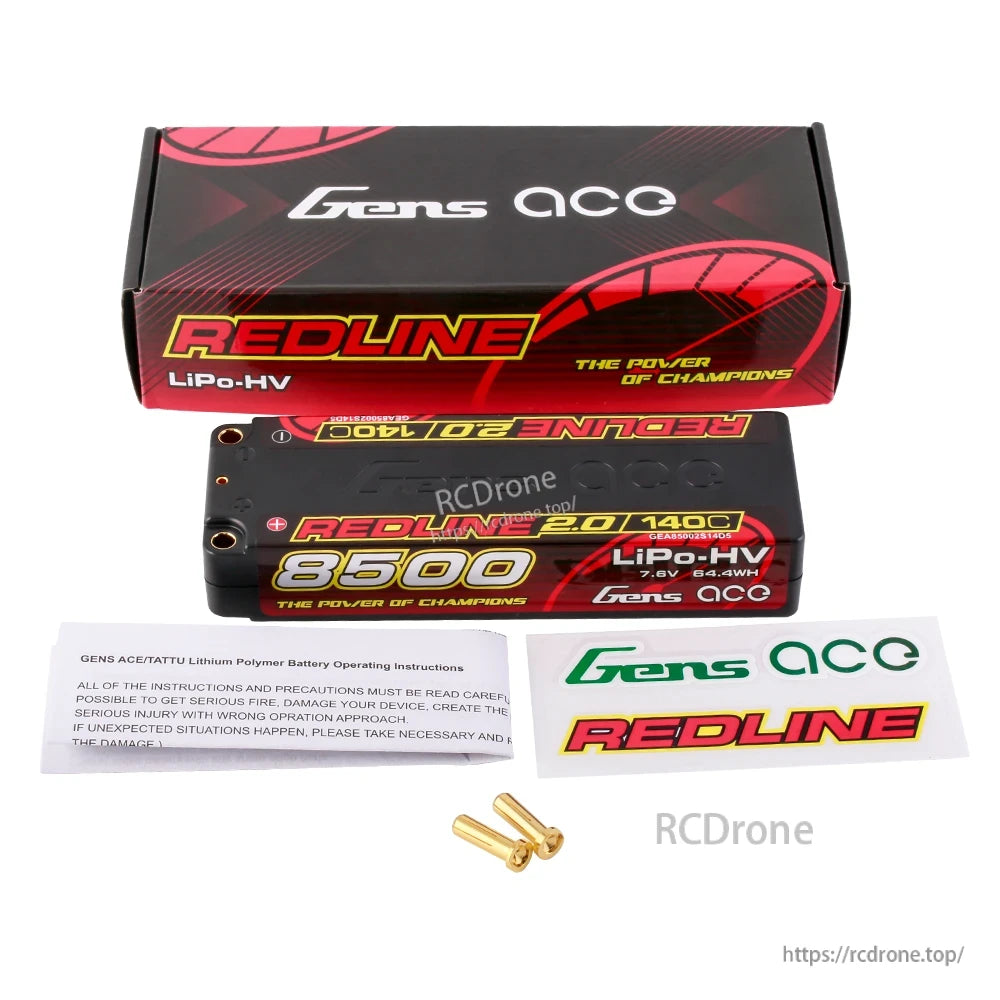 Gens ace Redline 2.0 hardcase LiPo-HV battery pack labeled 8500mAh 7.6V 140C, with box, decals and bullet plugs