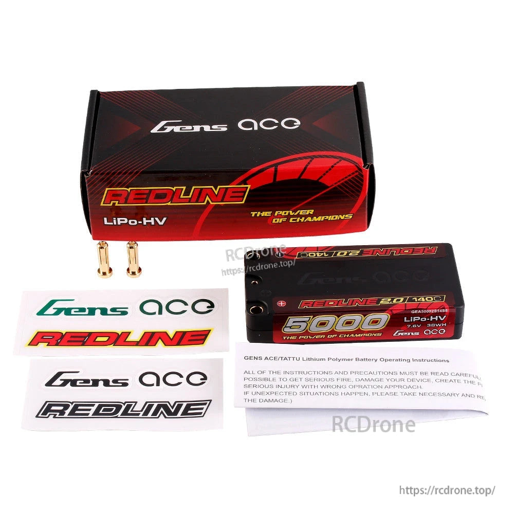 Gens ace Redline 2.0 LiPo Battery, Gens ace Redline 2.0 LiPo-HV battery pack with box, 5000mAh label, stickers, and connector bullets