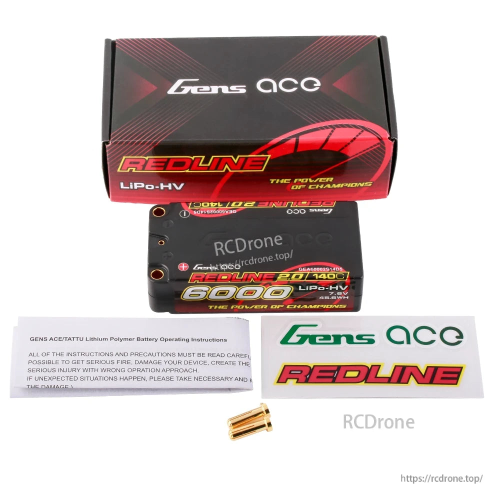 Gens ace Redline 2.0 6000mAh 7.6V LiPo-HV shorty hardcase battery with box, decals, and bullet connectors