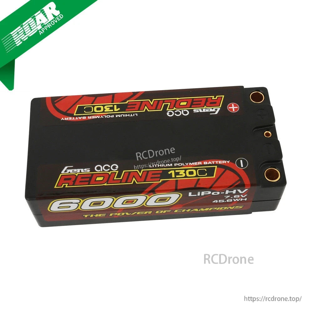 Gens ace Redline hardcase LiPo HV shorty battery pack, 6000mAh 7.6V 130C, with bullet-style terminals