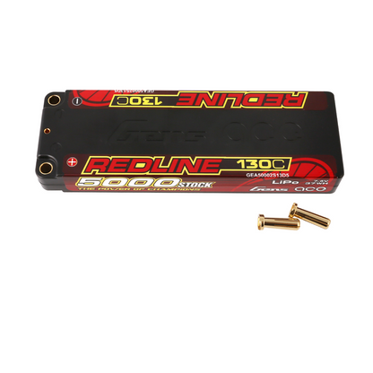 Gens ace Redline 5000mAh 2S 7.4V hardcase LiPo battery pack labeled 130C with two 5.0mm bullet plugs