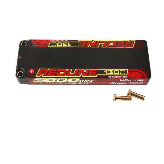 Gens ace Redline 5000mAh 2S 7.4V hardcase LiPo battery pack labeled 130C with two 5.0mm bullet plugs