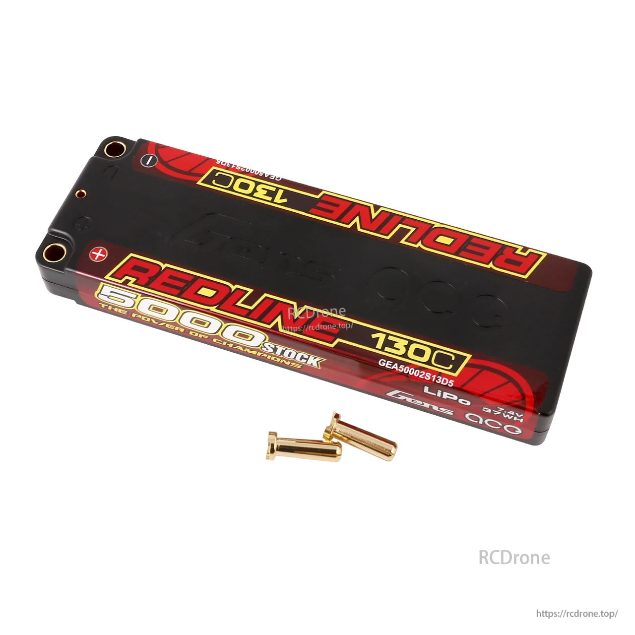 Gens ace Redline hardcase LiPo battery pack labeled 5000mAh 130C 7.4V with two 5.0mm bullet connectors