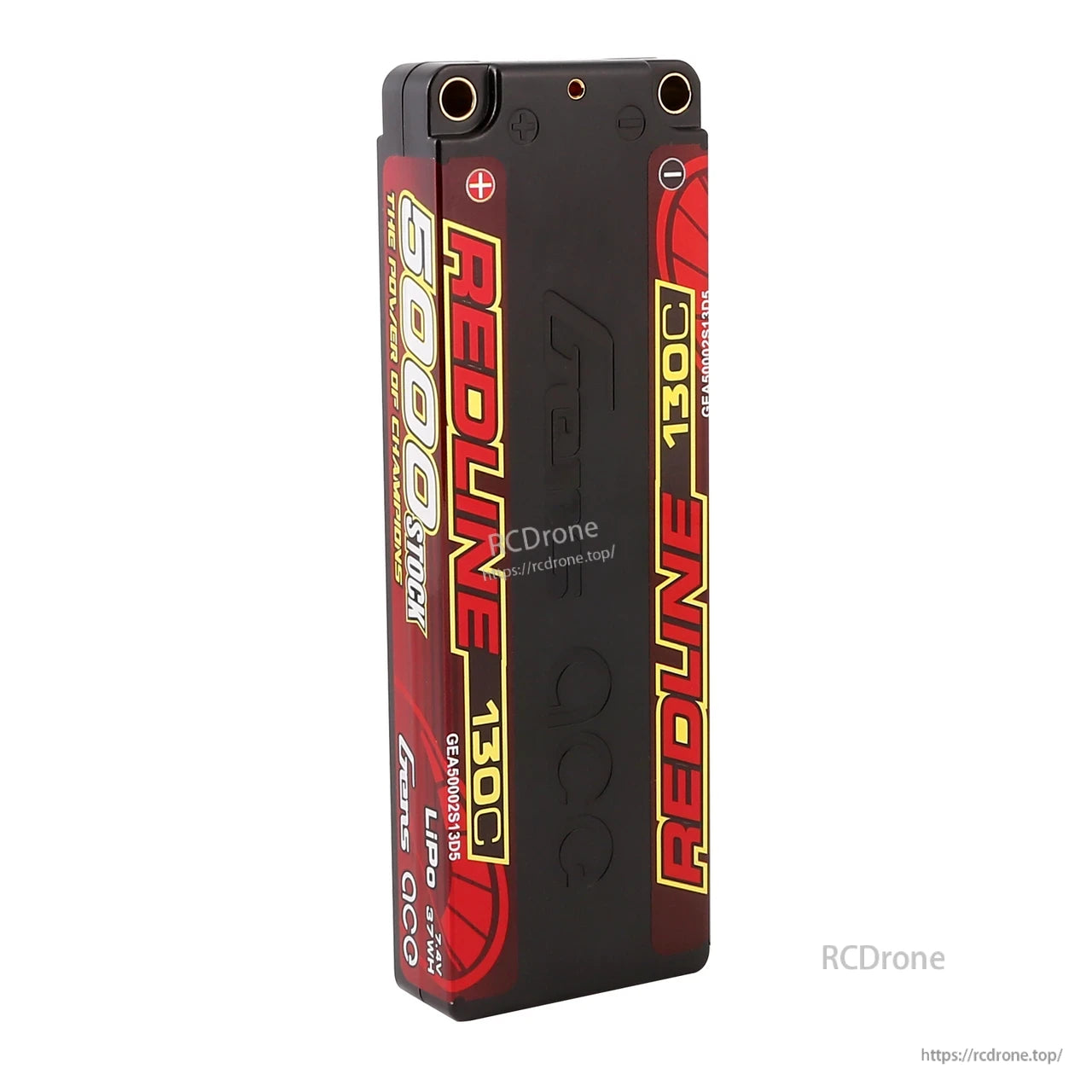 Gens ace Redline 5000mAh 2S 7.4V hardcase LiPo battery pack with top-mounted 5.0mm bullet terminals