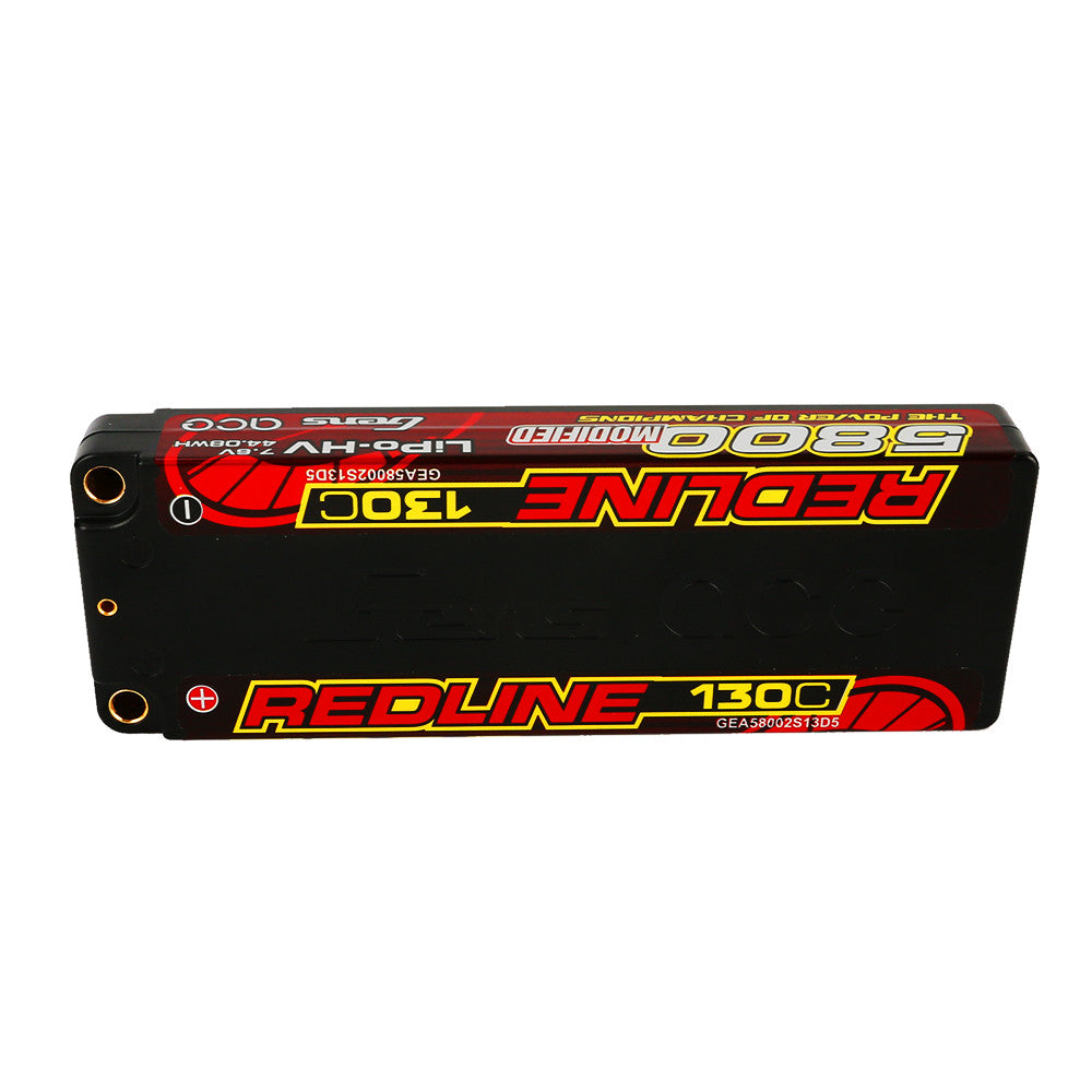 Gens ace Redline hardcase LiPo HV battery pack with 5.0mm bullet ports, 5800mAh 2S 7.6V, 130C label