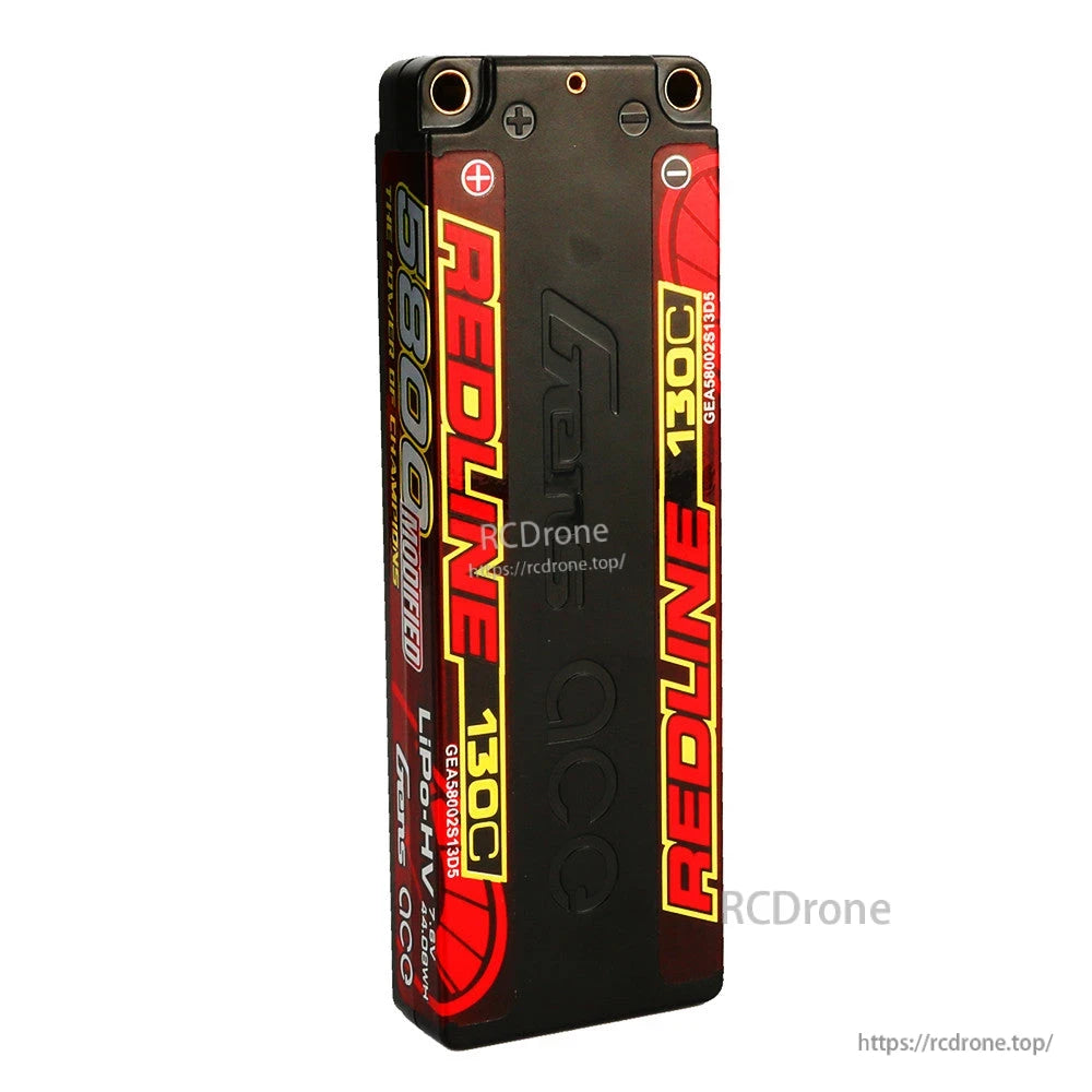 Gens ace Redline hardcase LiPo battery pack with 5.0mm bullet ports on top and 130C label