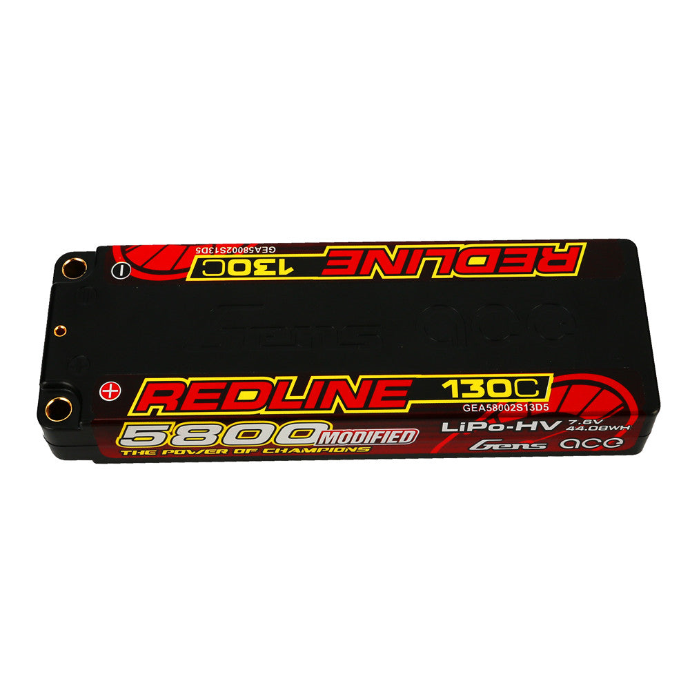 Gens ace Redline 5800mAh 2S 7.6V LiPo-HV hardcase battery pack with 130C label and 5mm bullet ports