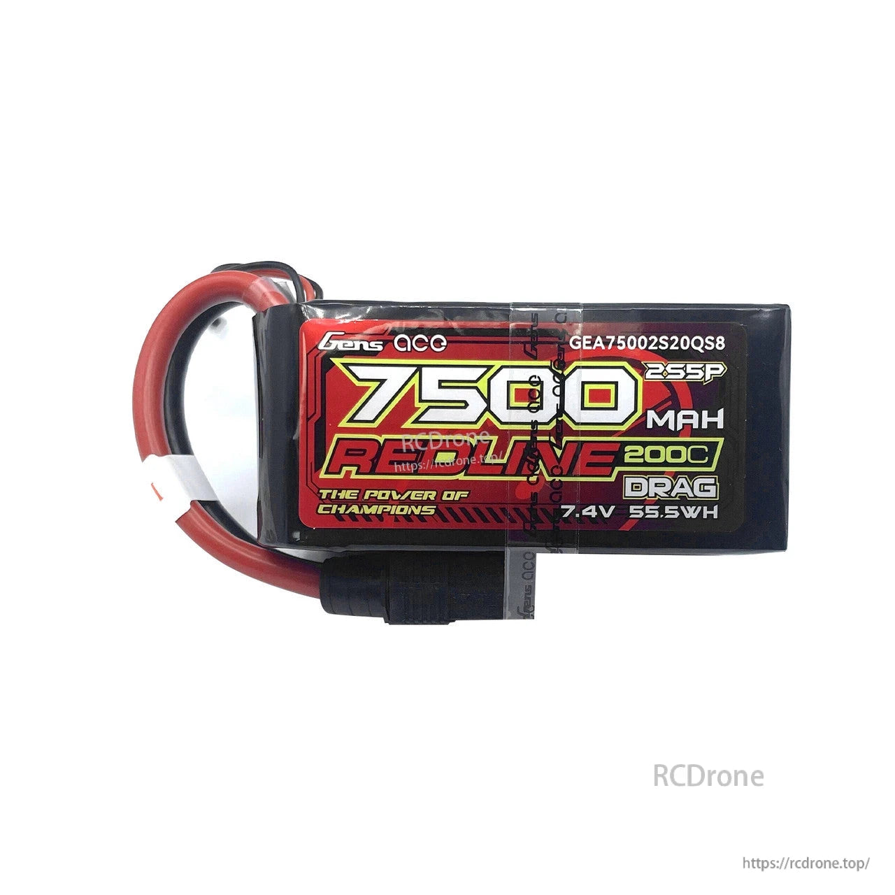 Gens ace Redline Drag 7500mAh 2S LiPo battery pack (7.4V, 200C) with thick leads and QS8 plug