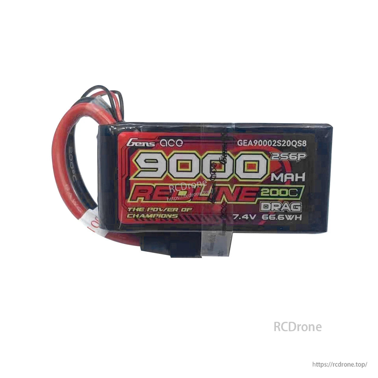 Gens ace Redline drag race LiPo battery pack labeled 9000mAh 2S6P 200C, 7.4V 66.6Wh with power leads