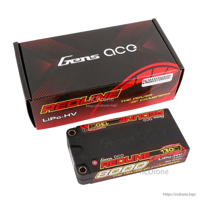 Gens ace Redline 8000mAh 3.8V LiPo-HV hardcase battery with 130C label and bullet connectors, plus box