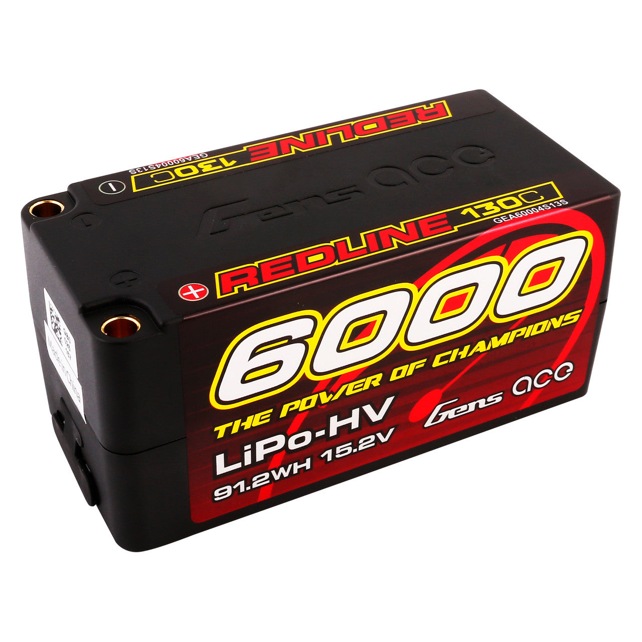 Gens ace Redline Series Hardcase LiPo Battery, Gens ace Redline hardcase LiPo-HV battery pack labeled 6000, 15.2V (91.2Wh) and 130C