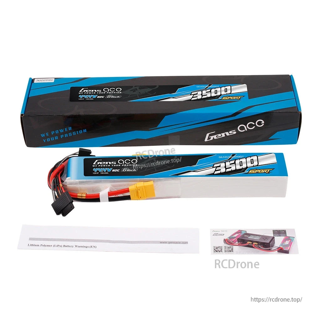 Gens ace Sport 3500mAh 44.4V LiPo battery pack with XT90 connector and balance lead, with retail box