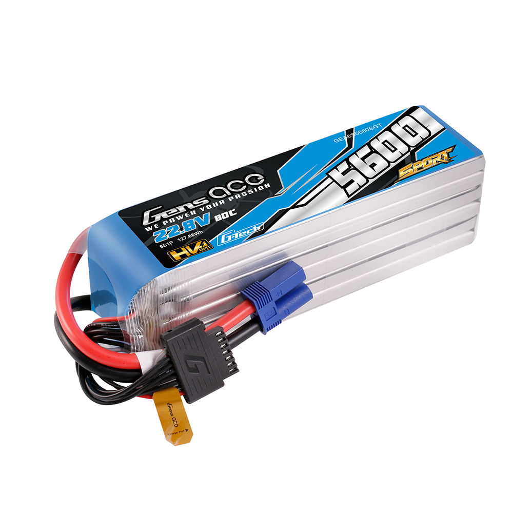 Gens ace Sport 5600mAh 6S 22.8V 80C LiPo battery pack with blue EC5 plug and balance lead