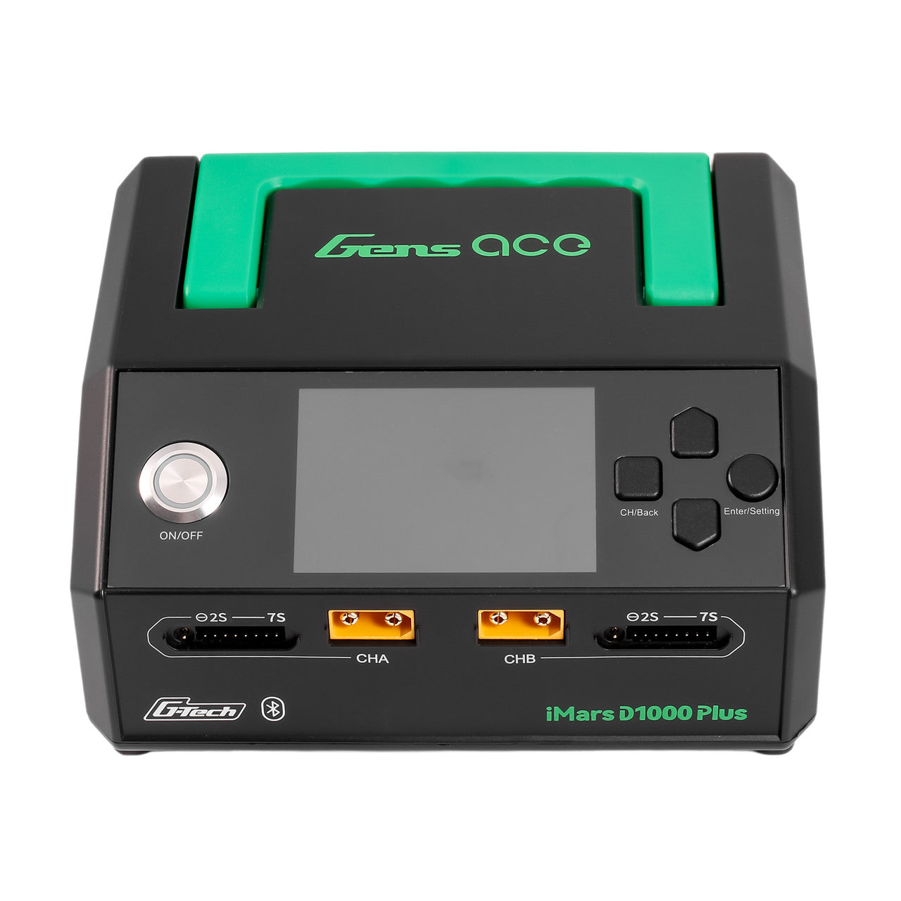 Gens ace iMars D1000 Plus smart charger with LCD screen, power button, dual channel CHA/CHB ports and 2S–7S balance ports
