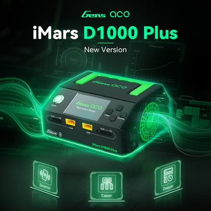 Gens ace iMars D1000 Plus smart charger with display, control buttons, and dual XT60 charging ports (CHA/CHB)