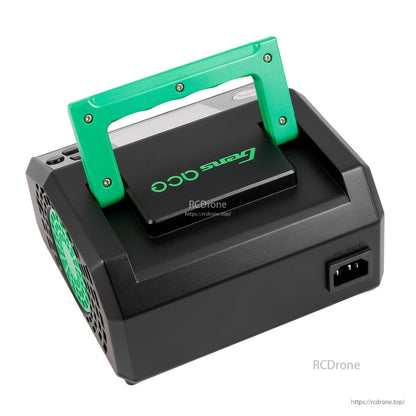 Gens ace iMars D1000 Plus smart charger with green carry handle, side cooling fan, and AC input port