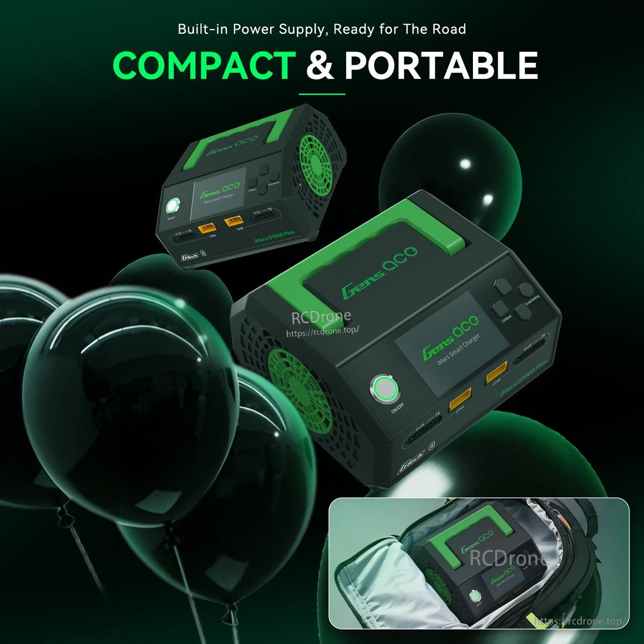 Gens ace iMars D1000 Plus smart charger with built-in power supply, LCD screen, dual ports, and cooling fan