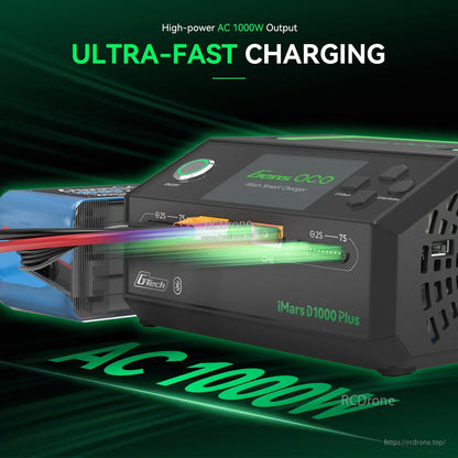 Gens ace iMars D1000 Plus smart charger with display, dual 2S–7S ports, and AC 1000W output text