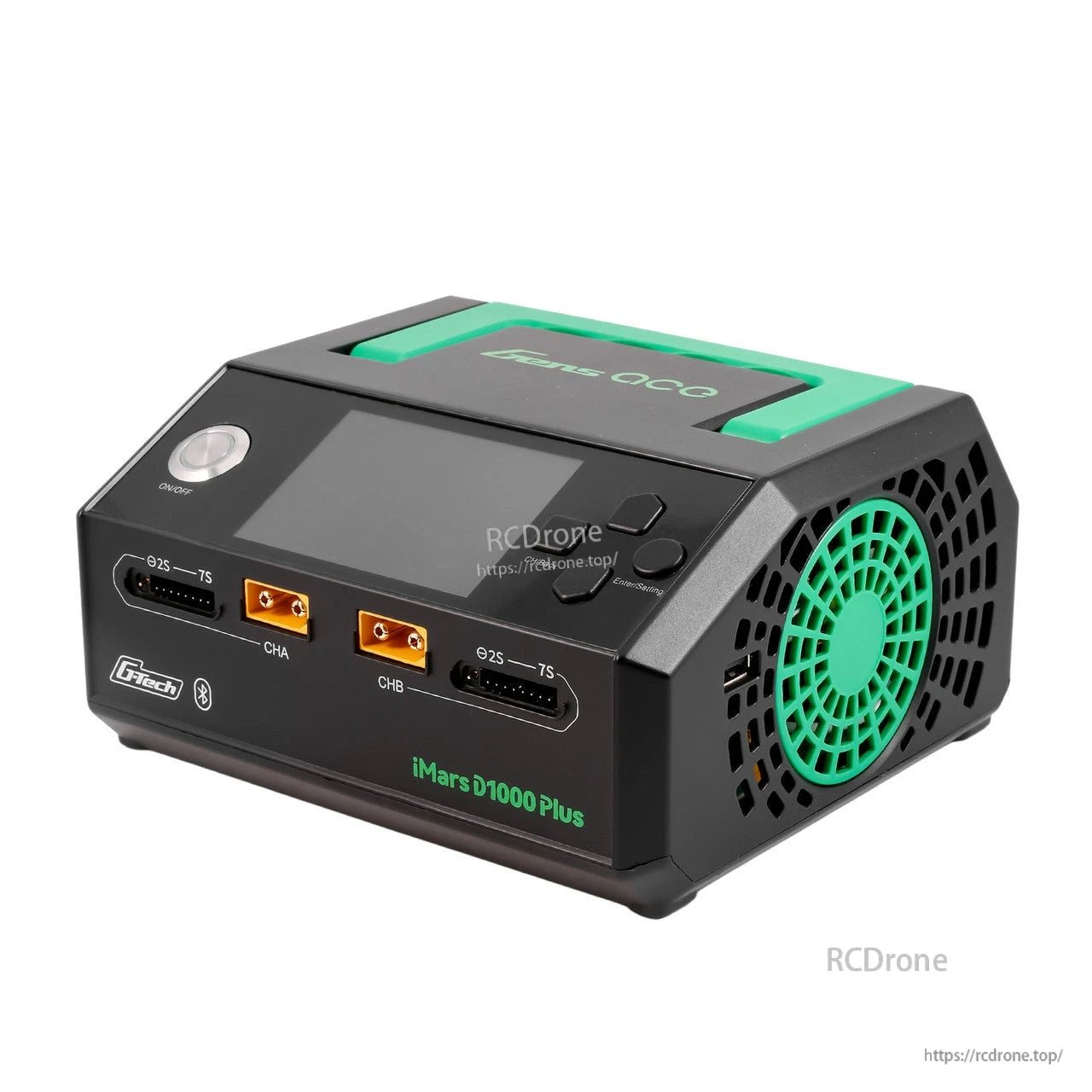 Gens ace iMars D1000 Plus smart charger with dual CHA/CHB XT60 outputs, 2S–7S balance ports, screen and side fan