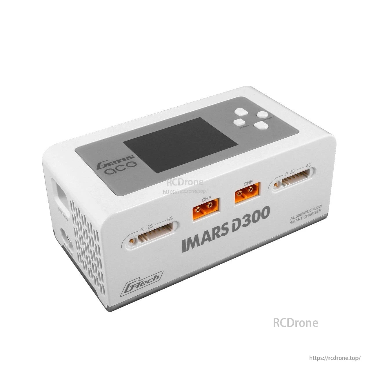 Gens ace iMars D300 G-Tech dual-channel AC/DC RC battery charger in white with screen, buttons, and CH A/CH B ports