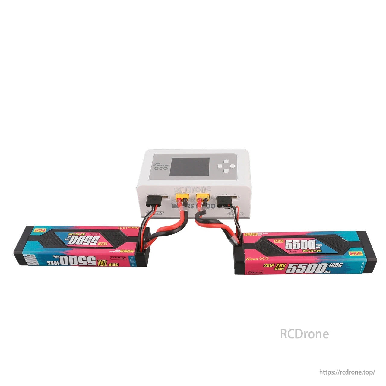 Gens ace iMars D300 white dual-channel RC battery charger with screen and two connected LiPo packs
