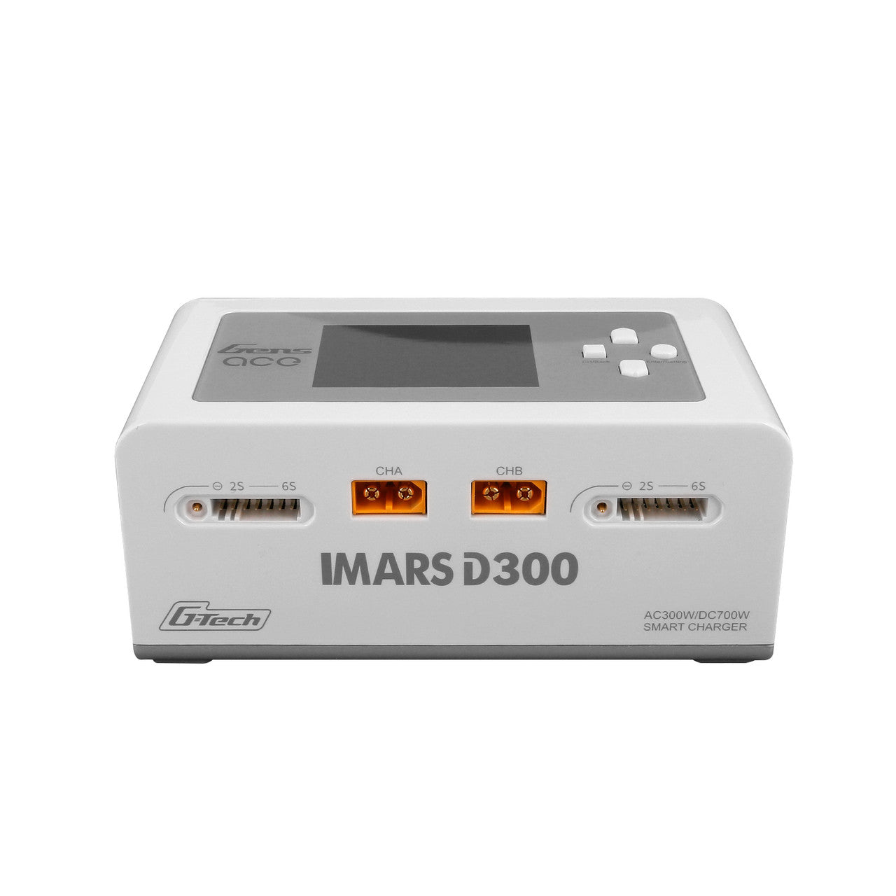 Gens ace iMars D300 G-Tech dual channel RC battery charger in white with screen, CHA/CHB ports, and 2S–6S balance ports