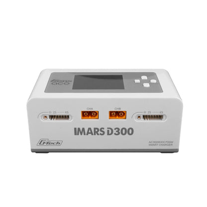Gens ace iMars D300 G-Tech dual channel RC battery charger in white with screen, CHA/CHB ports, and 2S–6S balance ports