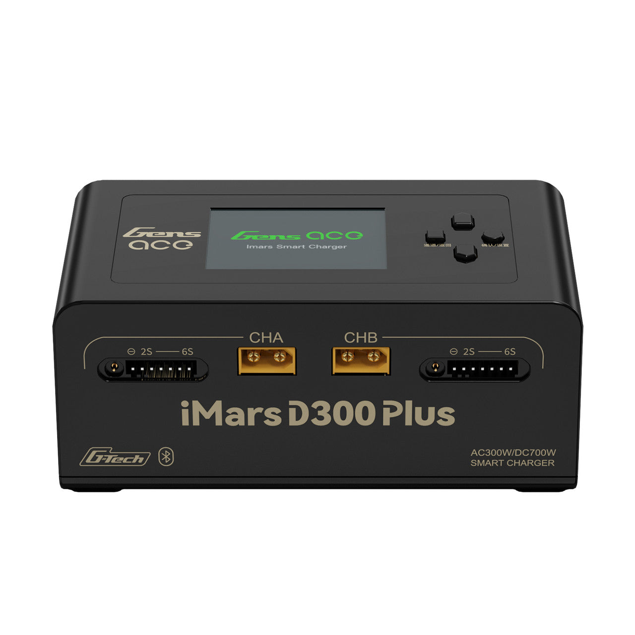 Front view of Gens ace iMars D300 Plus smart charger with dual CHA/CHB outputs and 2S–6S balance ports