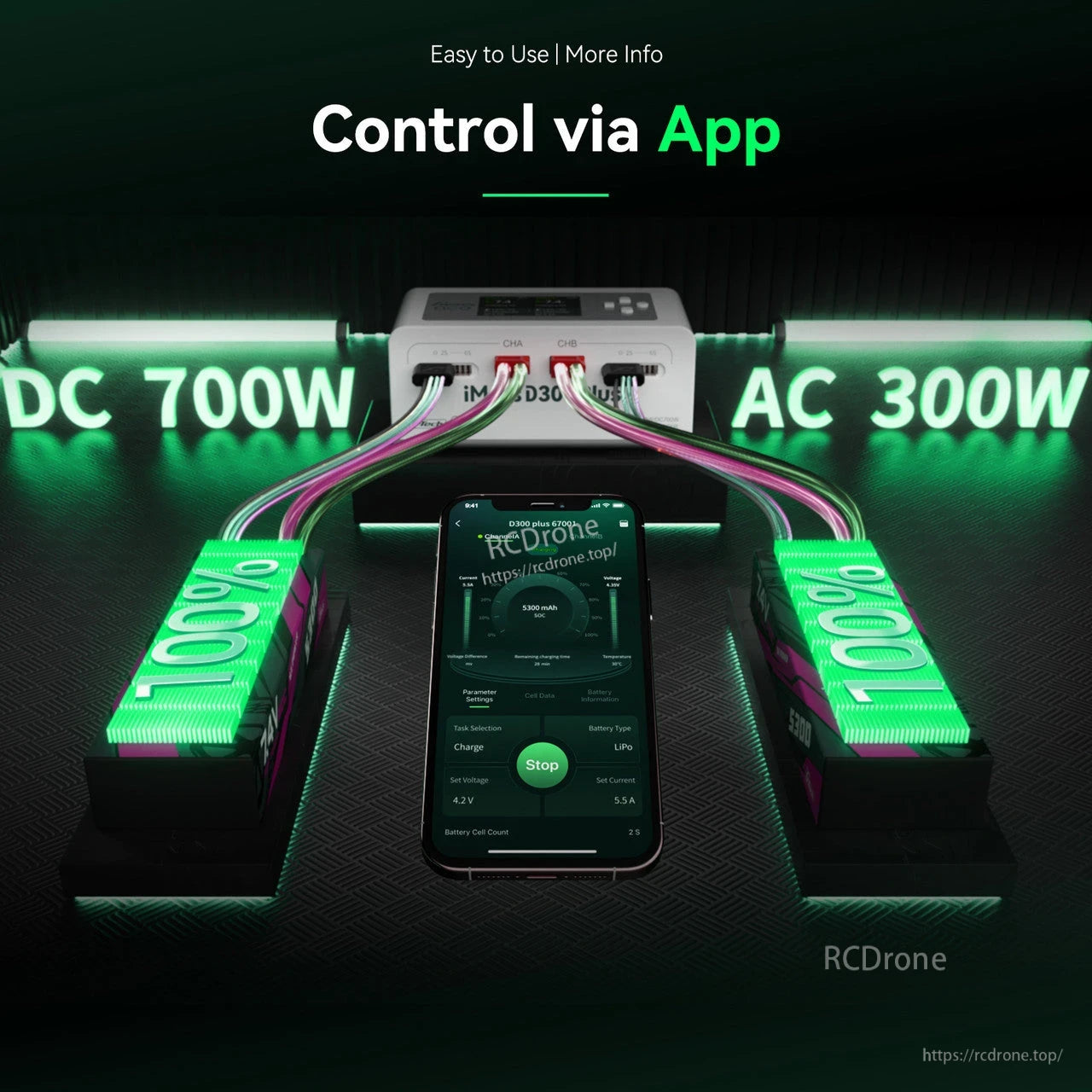 Gens ace iMars D300 Plus Smart Charger, Gens ace iMars D300 Plus dual-channel smart charger with app control, charging two LiPo packs (AC 300W/DC 700W).