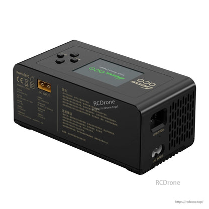 Gens ace iMars D300 Plus smart charger with LCD screen, buttons, DC/AC input ports, and USB 5V/2A output